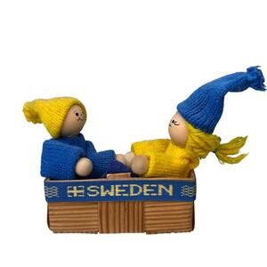 Vintage Sweden Souvenir Folk Art Figurines Swedish Wooden Dolls In Birch Basket